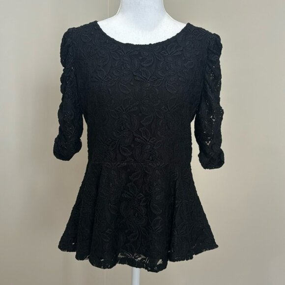 Black Lace Peplum Top with 3/4 Sleeves - Picture 1 of 7